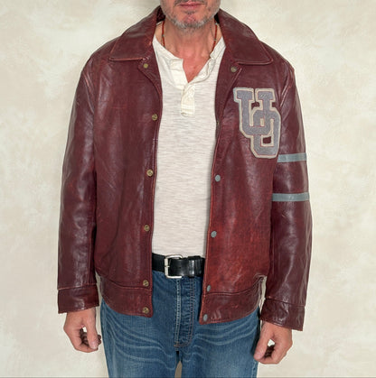 Size 44US / 54EU Vintage University of Ottawa Varsity Jacket — Maroon Leather Bomber — Canadian College Jacket 1970s-AJ357 Studio