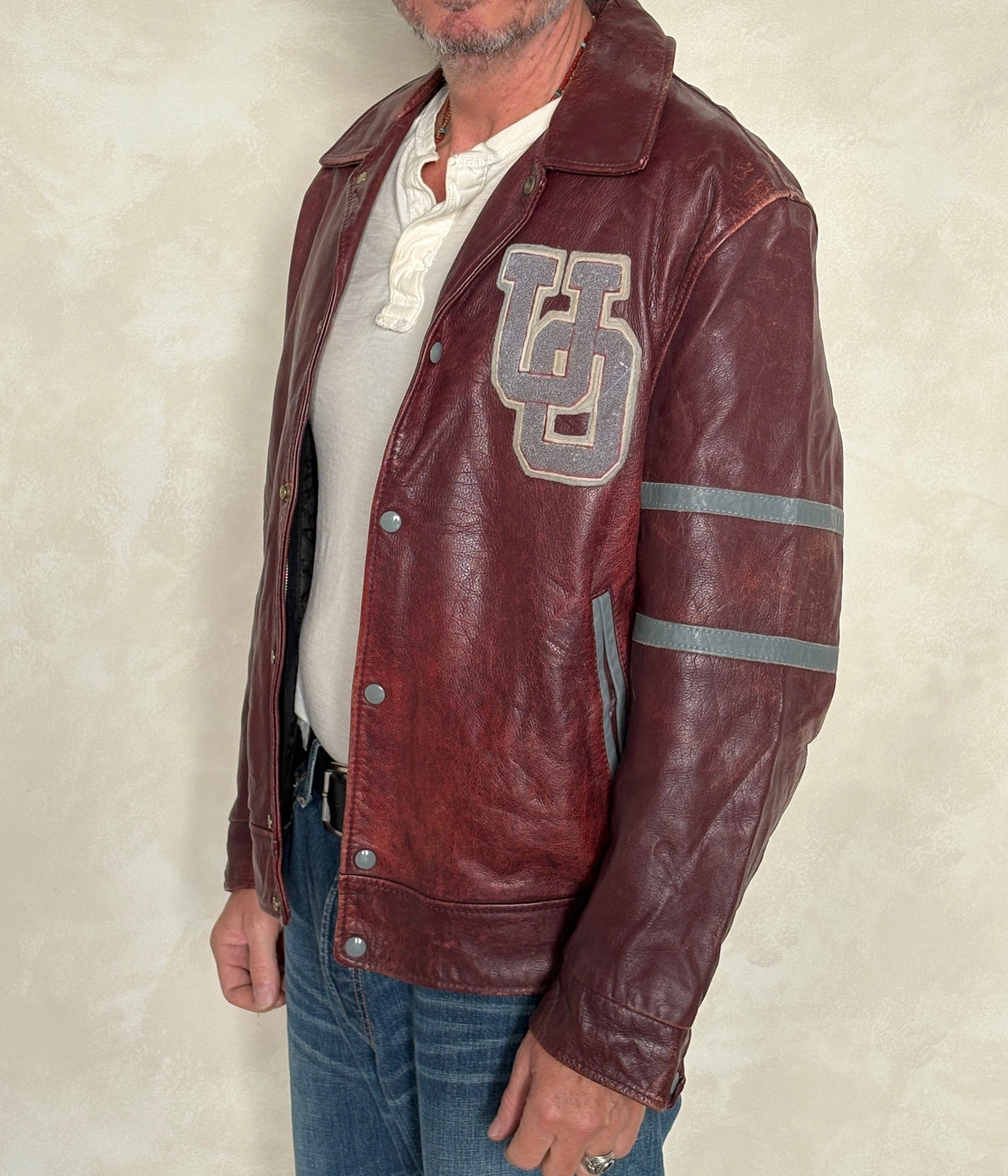 Size 44US / 54EU Vintage University of Ottawa Varsity Jacket — Maroon Leather Bomber — Canadian College Jacket 1970s-AJ357 Studio
