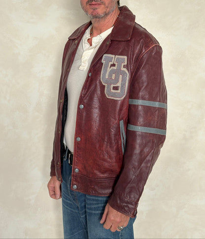 Size 44US / 54EU Vintage University of Ottawa Varsity Jacket — Maroon Leather Bomber — Canadian College Jacket 1970s-AJ357 Studio