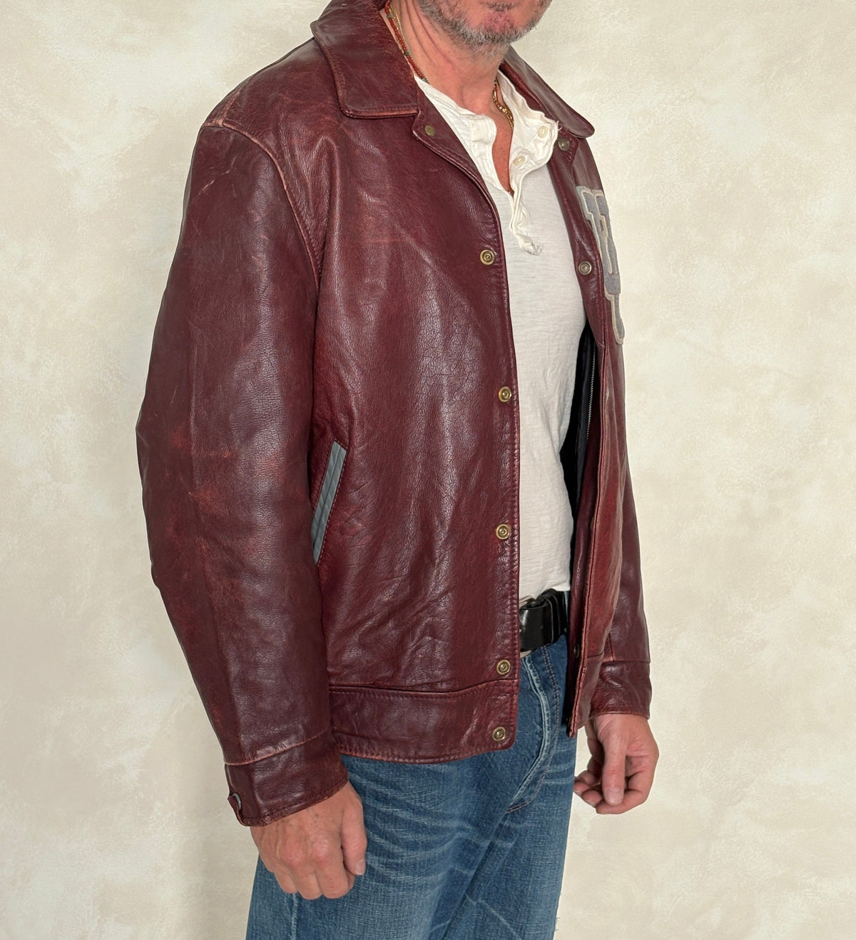 Size 44US / 54EU Vintage University of Ottawa Varsity Jacket — Maroon Leather Bomber — Canadian College Jacket 1970s-AJ357 Studio