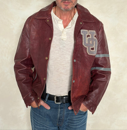 Size 44US / 54EU Vintage University of Ottawa Varsity Jacket — Maroon Leather Bomber — Canadian College Jacket 1970s-AJ357 Studio