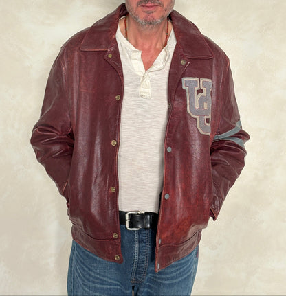 Size 44US / 54EU Vintage University of Ottawa Varsity Jacket — Maroon Leather Bomber — Canadian College Jacket 1970s-AJ357 Studio