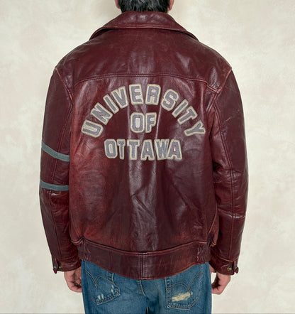 Size 44US / 54EU Vintage University of Ottawa Varsity Jacket — Maroon Leather Bomber — Canadian College Jacket 1970s-AJ357 Studio