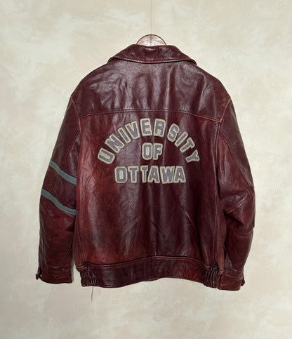 Size 44US / 54EU Vintage University of Ottawa Varsity Jacket — Maroon Leather Bomber — Canadian College Jacket 1970s-AJ357 Studio