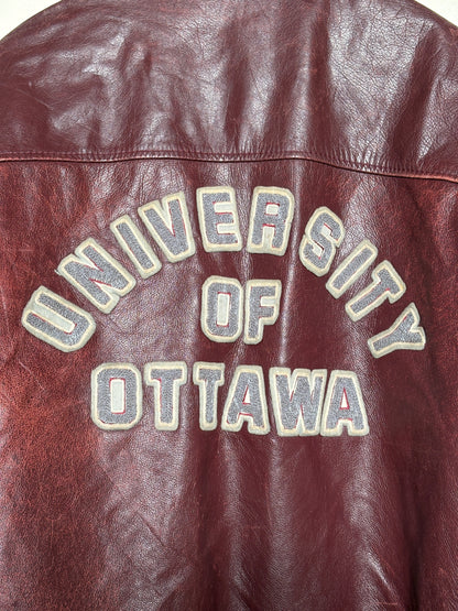 Size 44US / 54EU Vintage University of Ottawa Varsity Jacket — Maroon Leather Bomber — Canadian College Jacket 1970s-AJ357 Studio