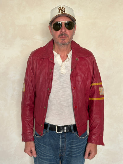 Size 38US / 48EU. Vintage 1970s Redmen Leather Varsity Jacket — St. Boniface College Style — Canadian Sports Team Bomber #29 SB Patch-AJ357 Studio