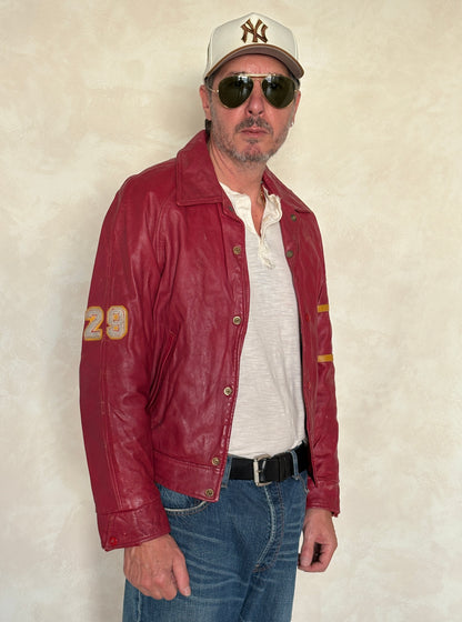 Size 38US / 48EU. Vintage 1970s Redmen Leather Varsity Jacket — St. Boniface College Style — Canadian Sports Team Bomber #29 SB Patch-AJ357 Studio
