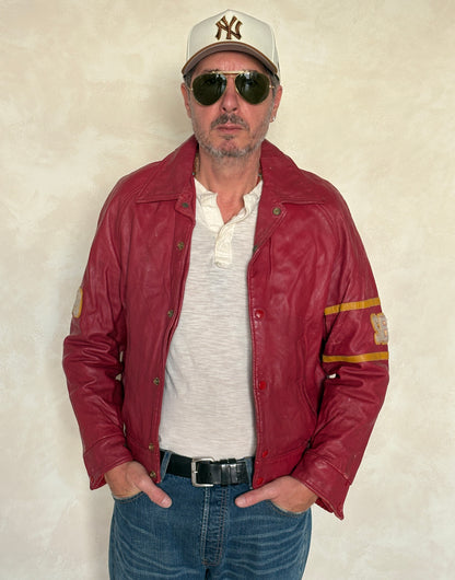 Size 38US / 48EU. Vintage 1970s Redmen Leather Varsity Jacket — St. Boniface College Style — Canadian Sports Team Bomber #29 SB Patch-AJ357 Studio