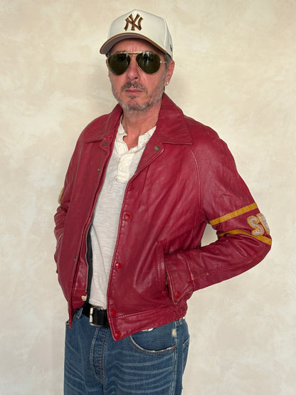 Size 38US / 48EU. Vintage 1970s Redmen Leather Varsity Jacket — St. Boniface College Style — Canadian Sports Team Bomber #29 SB Patch-AJ357 Studio