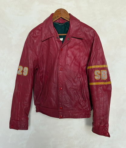 Size 38US / 48EU. Vintage 1970s Redmen Leather Varsity Jacket — St. Boniface College Style — Canadian Sports Team Bomber #29 SB Patch-AJ357 Studio