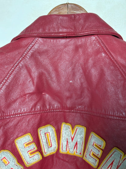 Size 38US / 48EU. Vintage 1970s Redmen Leather Varsity Jacket — St. Boniface College Style — Canadian Sports Team Bomber #29 SB Patch-AJ357 Studio