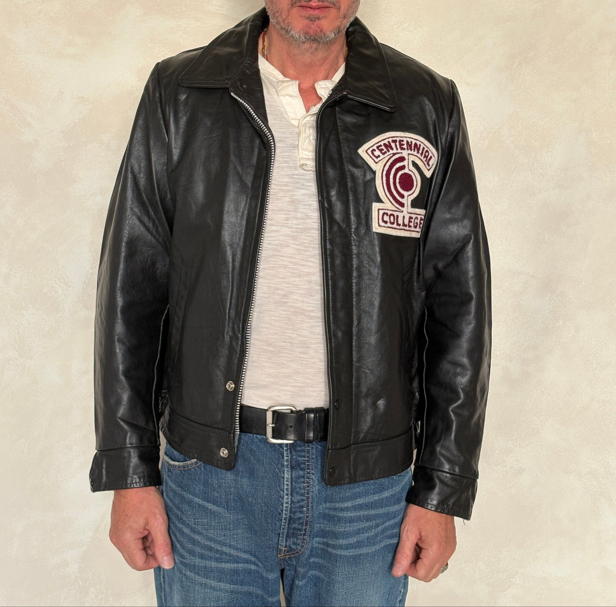 Vintage black 1970s Centennial College Leather Varsity Jacket – Designed in Canada, Size 40US / 50EU-AJ357 Studio
