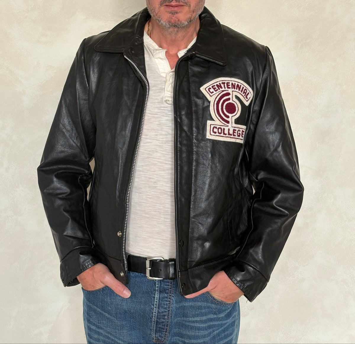 Vintage black 1970s Centennial College Leather Varsity Jacket – Designed in Canada, Size 40US / 50EU-AJ357 Studio