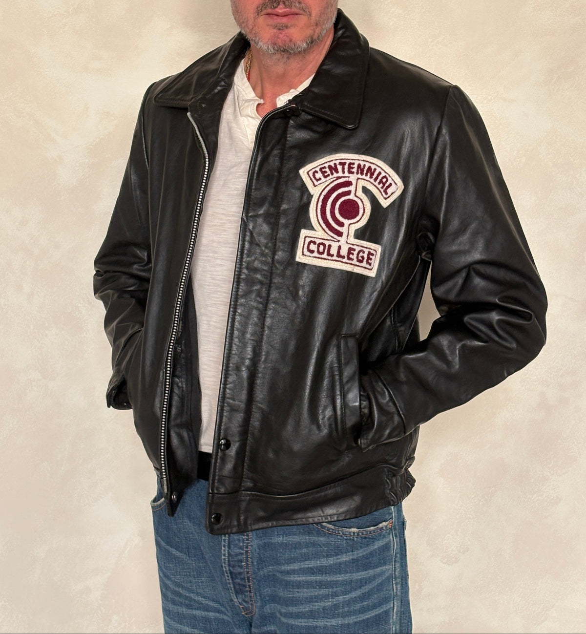 Vintage black 1970s Centennial College Leather Varsity Jacket – Designed in Canada, Size 40US / 50EU-AJ357 Studio