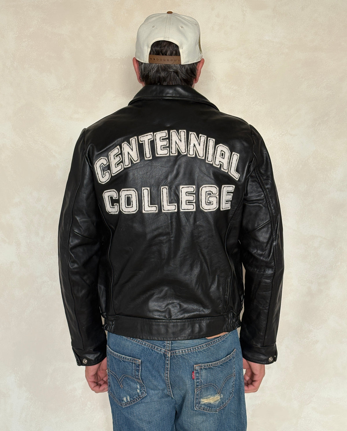 Vintage black 1970s Centennial College Leather Varsity Jacket – Designed in Canada, Size 40US / 50EU-AJ357 Studio
