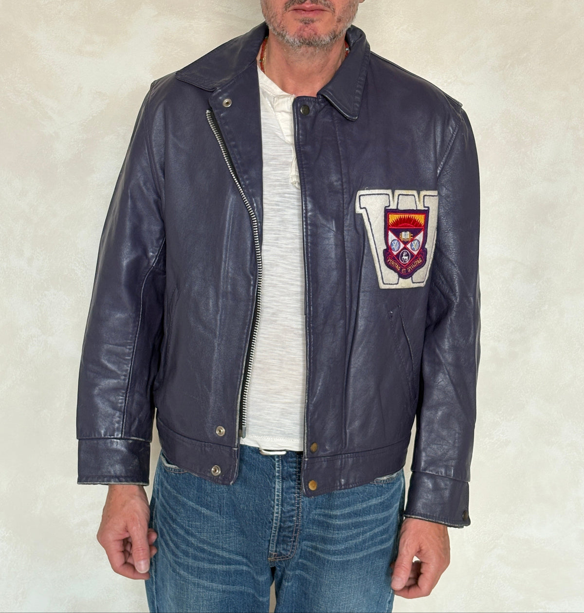 Vintage 1970s Western University Leather Varsity Jacket – Purple Letterman Bomber, Canadian College Style, Size 42US / 52EU Made in Canada-AJ357 Studio