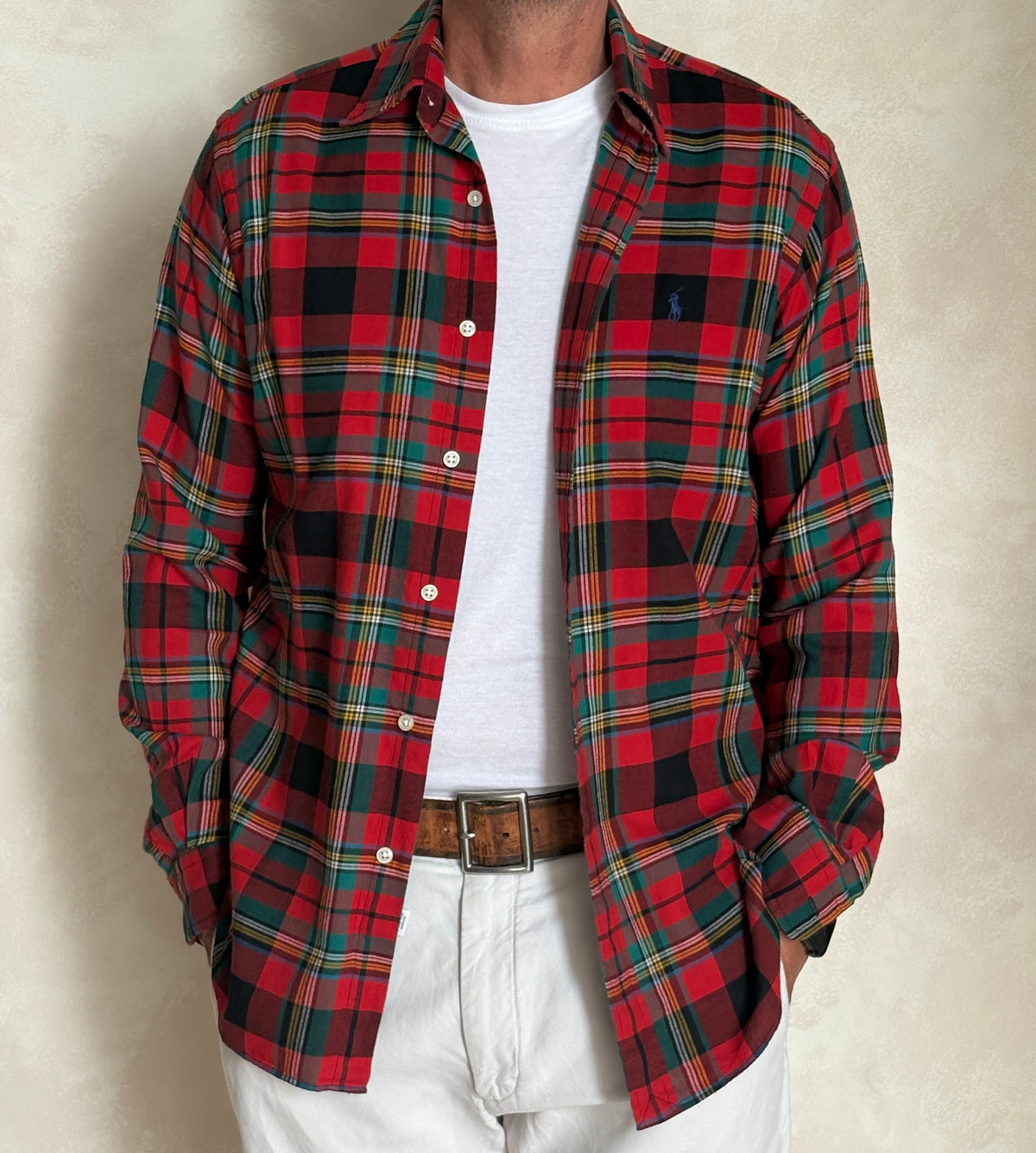 Vintage Ralph Lauren Classic Fit Navy Tartan Plaid Shirt — 100% Cotton — Size Large