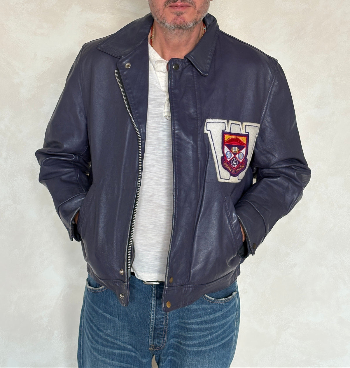 Vintage 1970s Western University Leather Varsity Jacket – Purple Letterman Bomber, Canadian College Style, Size 42US / 52EU Made in Canada-AJ357 Studio