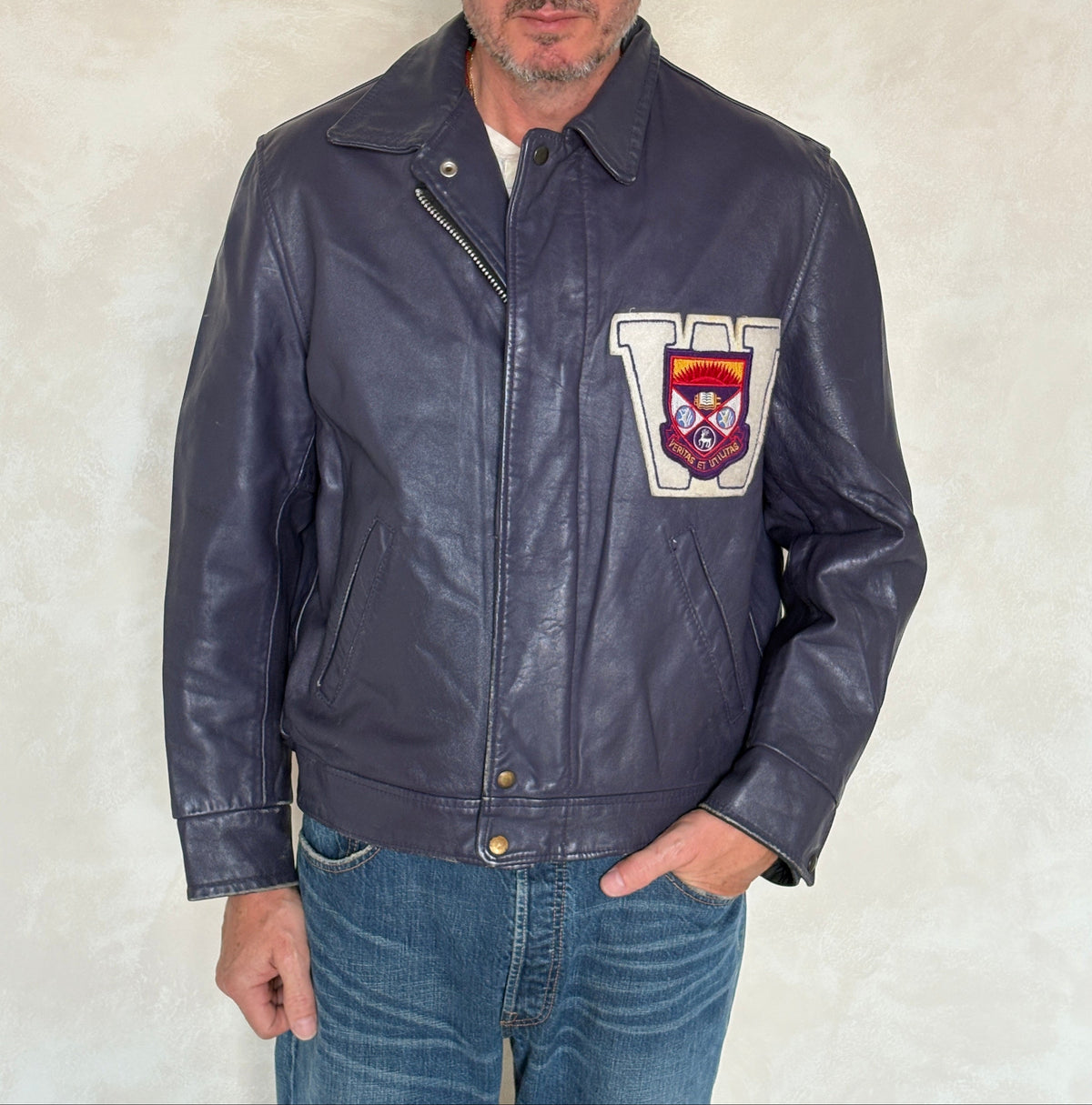 Vintage 1970s Western University Leather Varsity Jacket – Purple Letterman Bomber, Canadian College Style, Size 42US / 52EU Made in Canada-AJ357 Studio