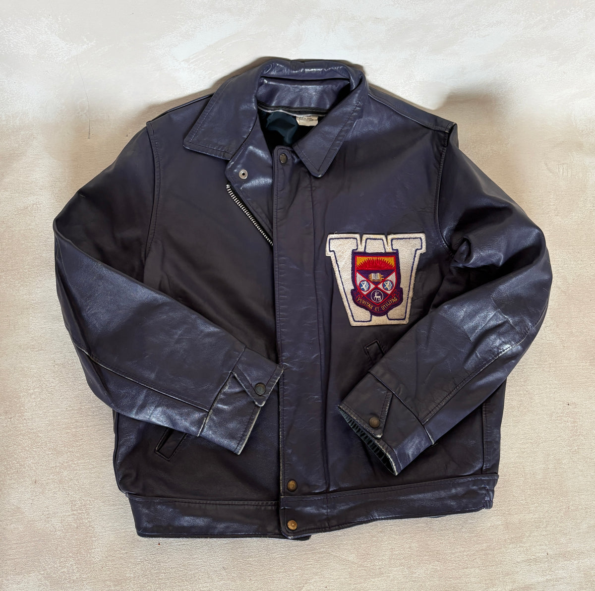 Vintage 1970s Western University Leather Varsity Jacket – Purple Letterman Bomber, Canadian College Style, Size 42US / 52EU Made in Canada-AJ357 Studio