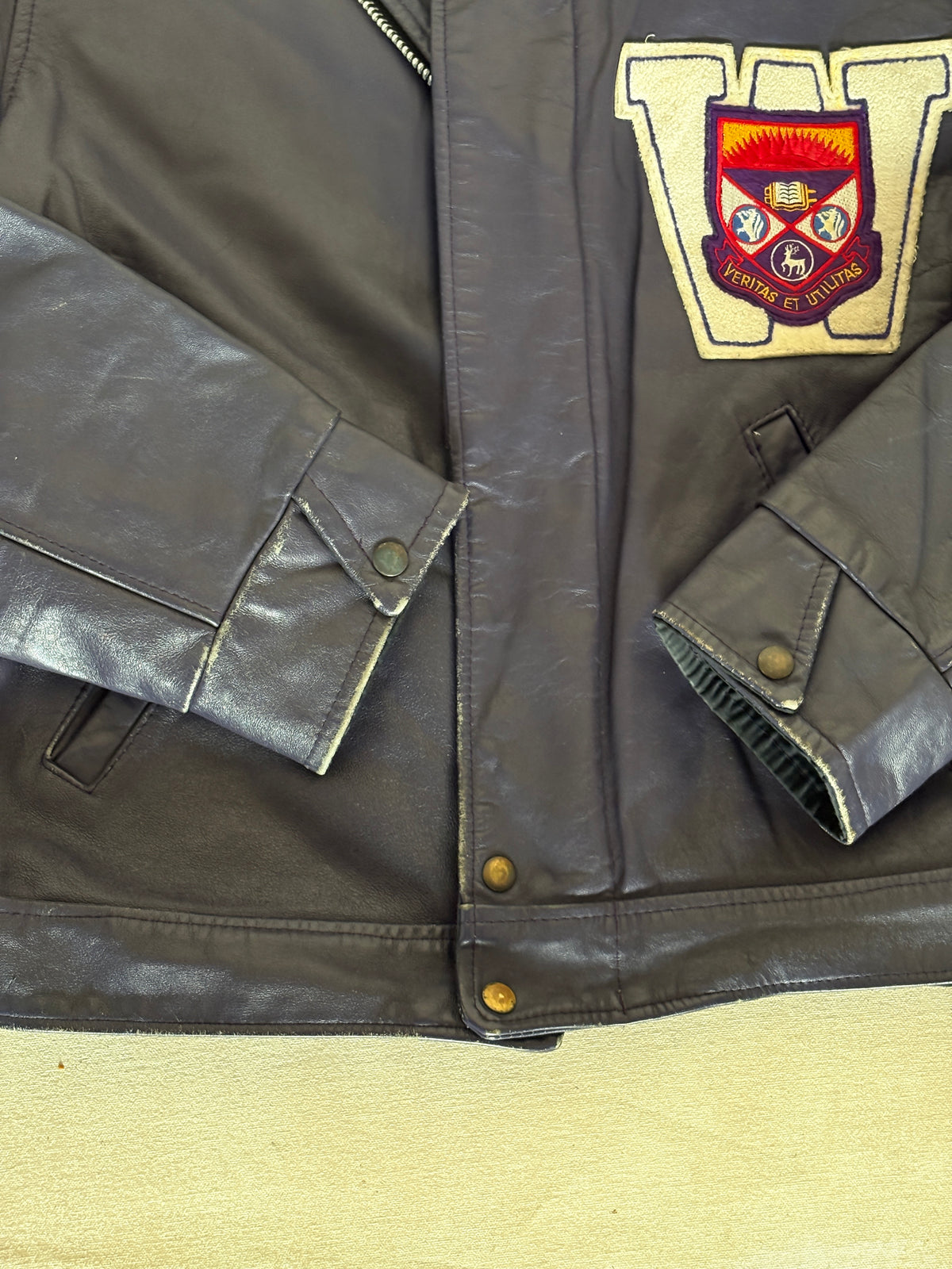 Vintage 1970s Western University Leather Varsity Jacket – Purple Letterman Bomber, Canadian College Style, Size 42US / 52EU Made in Canada-AJ357 Studio