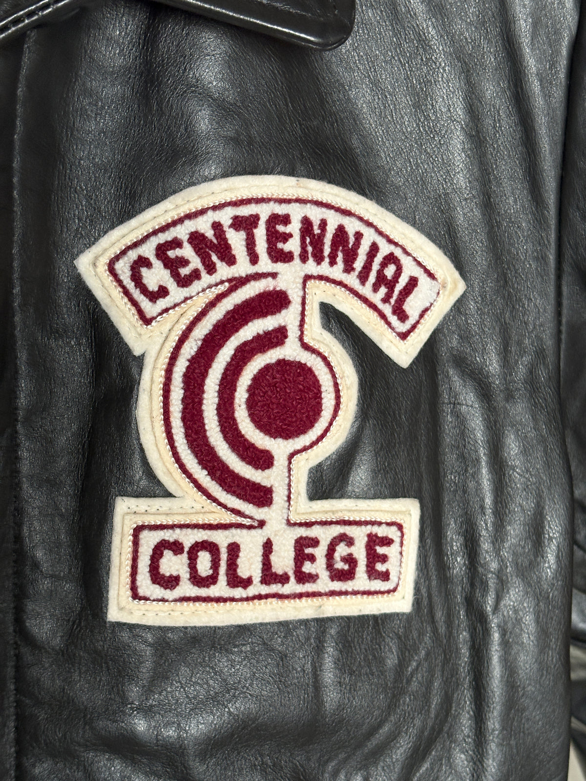 Vintage black 1970s Centennial College Leather Varsity Jacket – Designed in Canada, Size 40US / 50EU-AJ357 Studio