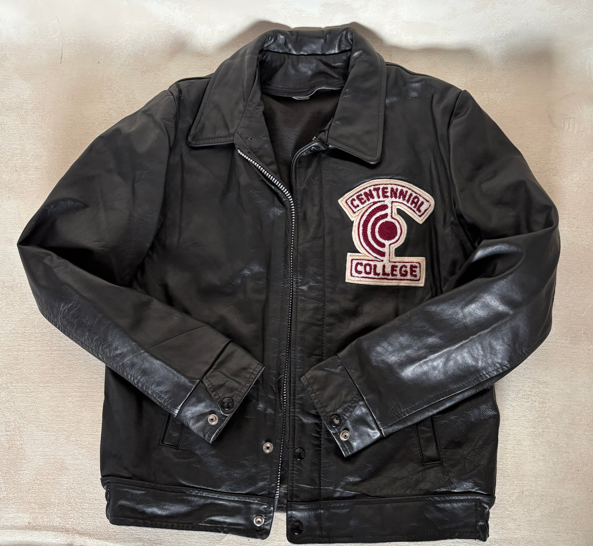Vintage black 1970s Centennial College Leather Varsity Jacket – Designed in Canada, Size 40US / 50EU-AJ357 Studio