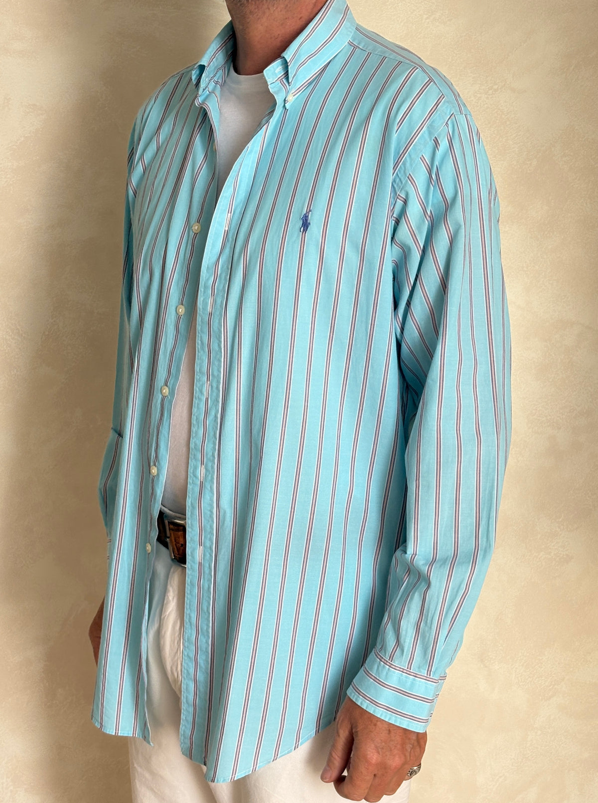 Vintage Ralph Lauren Classic Fit Turquoise Striped Shirt — 100% Cotton — Size Medium