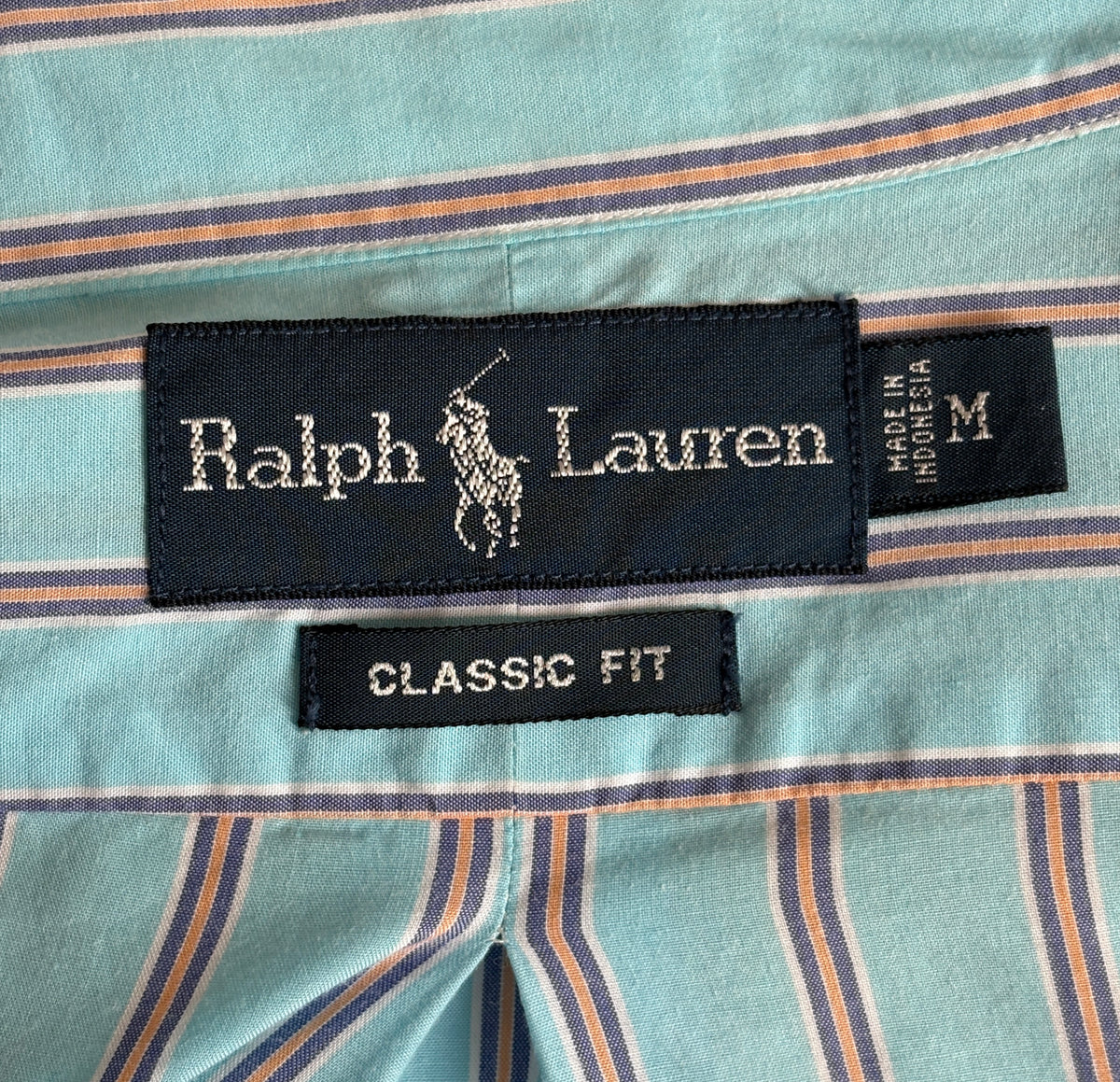 Vintage Ralph Lauren Classic Fit Turquoise Striped Shirt — 100% Cotton — Size Medium