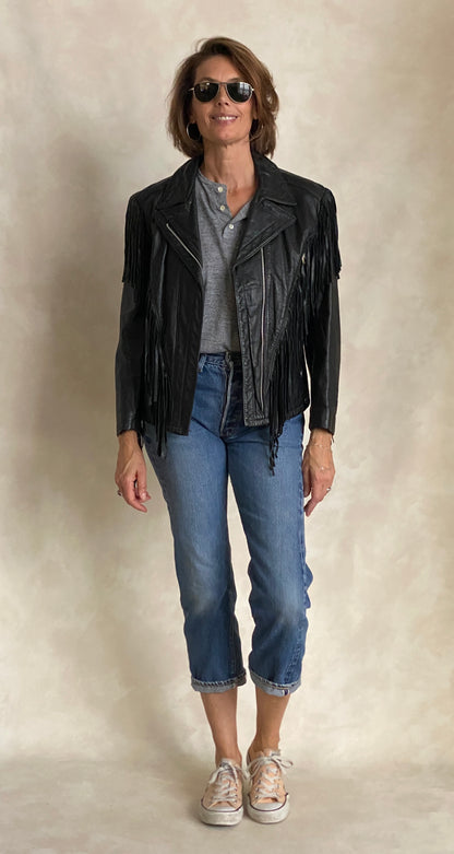 Size Small. Vintage leather fringe motorcycle jacket Made in USA-AJ357 Studio