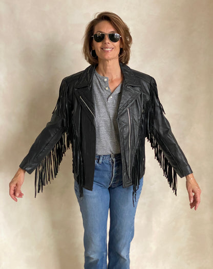 Size Small. Vintage leather fringe motorcycle jacket Made in USA-AJ357 Studio