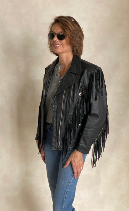 Size Small. Vintage leather fringe motorcycle jacket Made in USA-AJ357 Studio