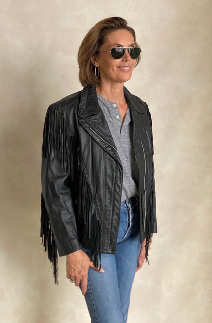Size Small. Vintage leather fringe motorcycle jacket Made in USA-AJ357 Studio