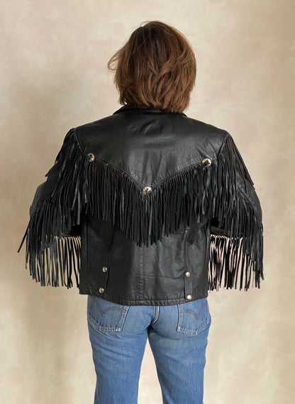 Size Small. Vintage leather fringe motorcycle jacket Made in USA-AJ357 Studio