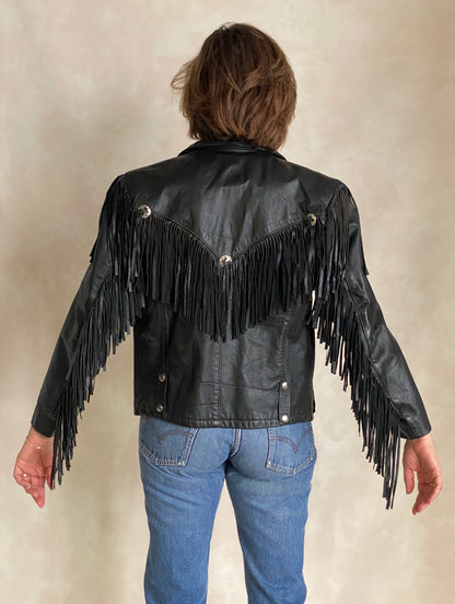 Size Small. Vintage leather fringe motorcycle jacket Made in USA-AJ357 Studio