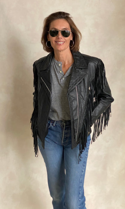 Size Small. Vintage leather fringe motorcycle jacket Made in USA-AJ357 Studio