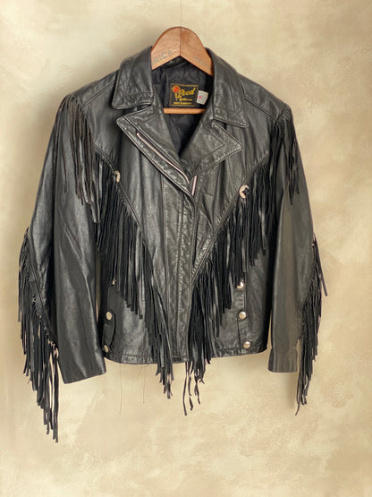 Size Small. Vintage leather fringe motorcycle jacket Made in USA-AJ357 Studio