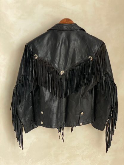 Size Small. Vintage leather fringe motorcycle jacket Made in USA-AJ357 Studio