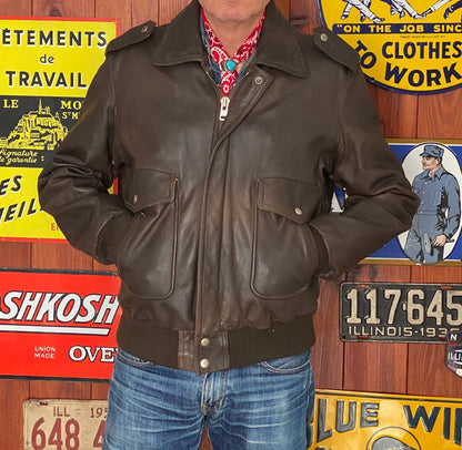 Vintage Leather Bomber Flight Jacket – Size 44US Reg / 54EU – Classic Aviator Style-AJ357 Studio