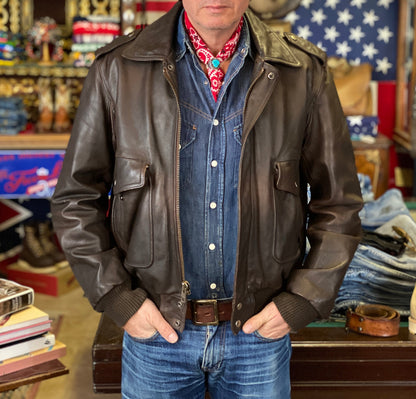 Vintage Leather Bomber Flight Jacket – Size 44US Reg / 54EU – Classic Aviator Style-AJ357 Studio