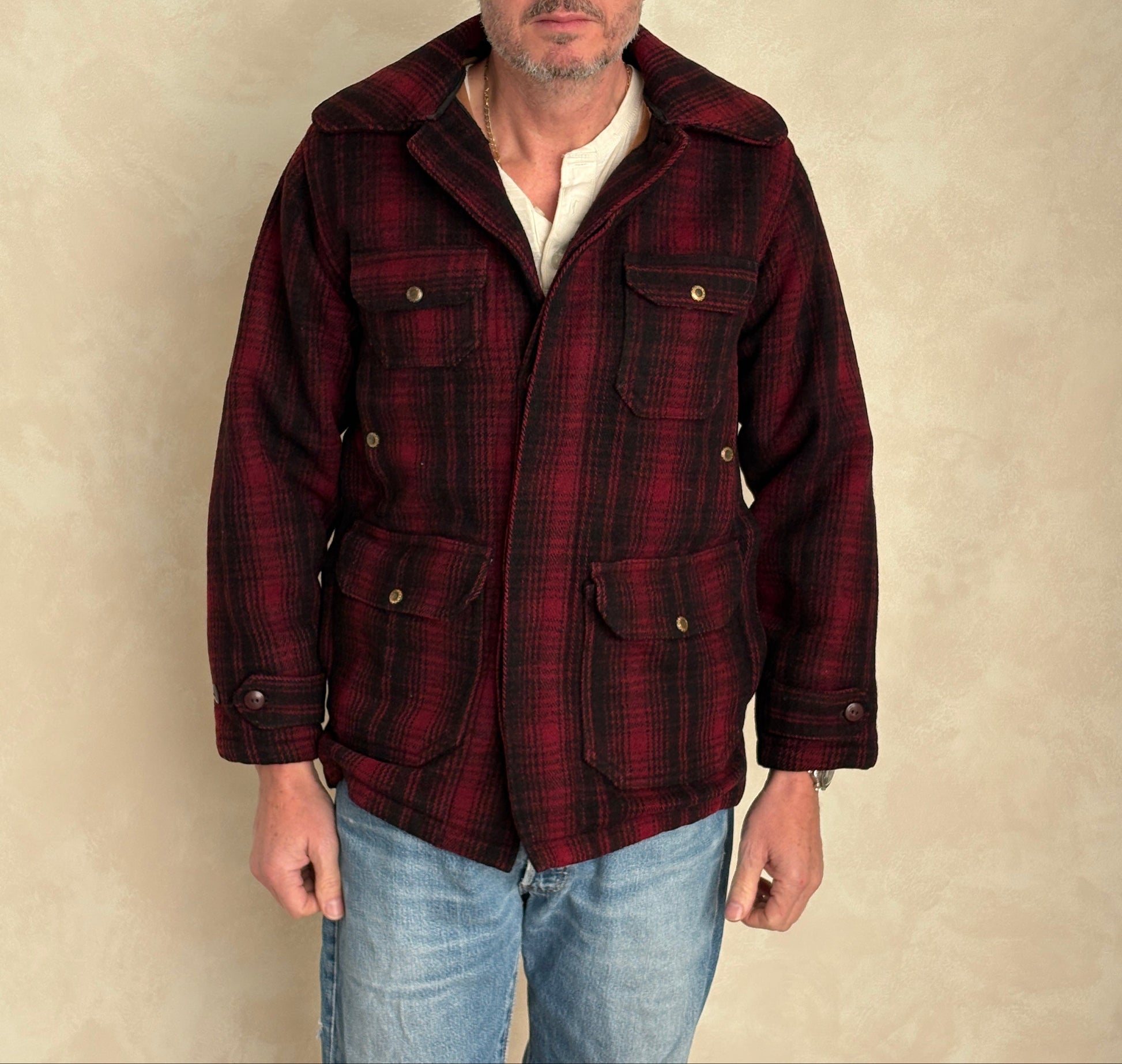 Vintage 1930s Woolrich Red & Black Plaid Wool Hunting Jacket –size 38US / 48EU. Made in USA-AJ357 Studio