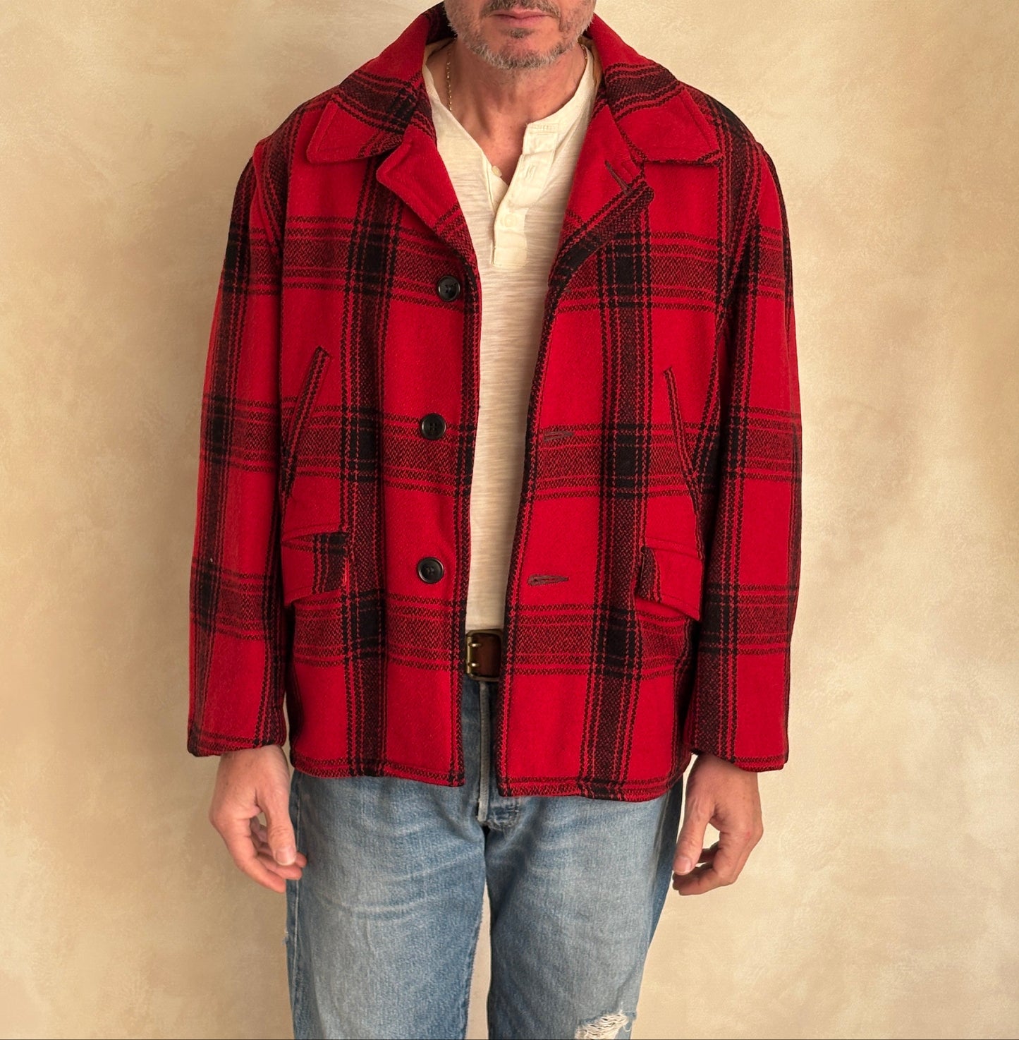 Vintage 1950 Plaid Wool hunting Jacket — Made in USA — Red Check Outdoor Coat -size XL | AJ357 Studio-AJ357 Studio