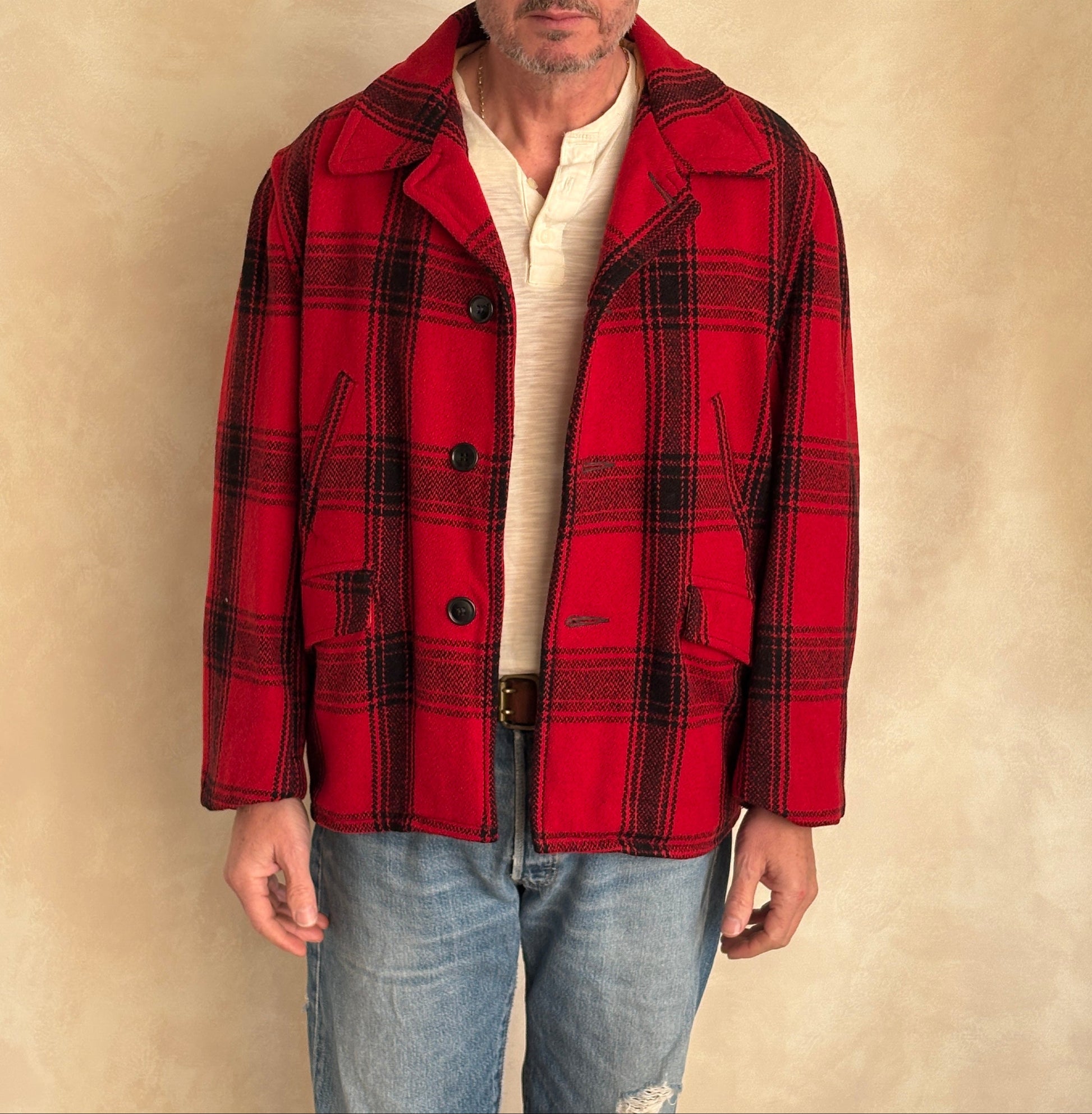 Vintage 1950 Plaid Wool hunting Jacket — Made in USA — Red Check Outdoor Coat -size XL | AJ357 Studio-AJ357 Studio
