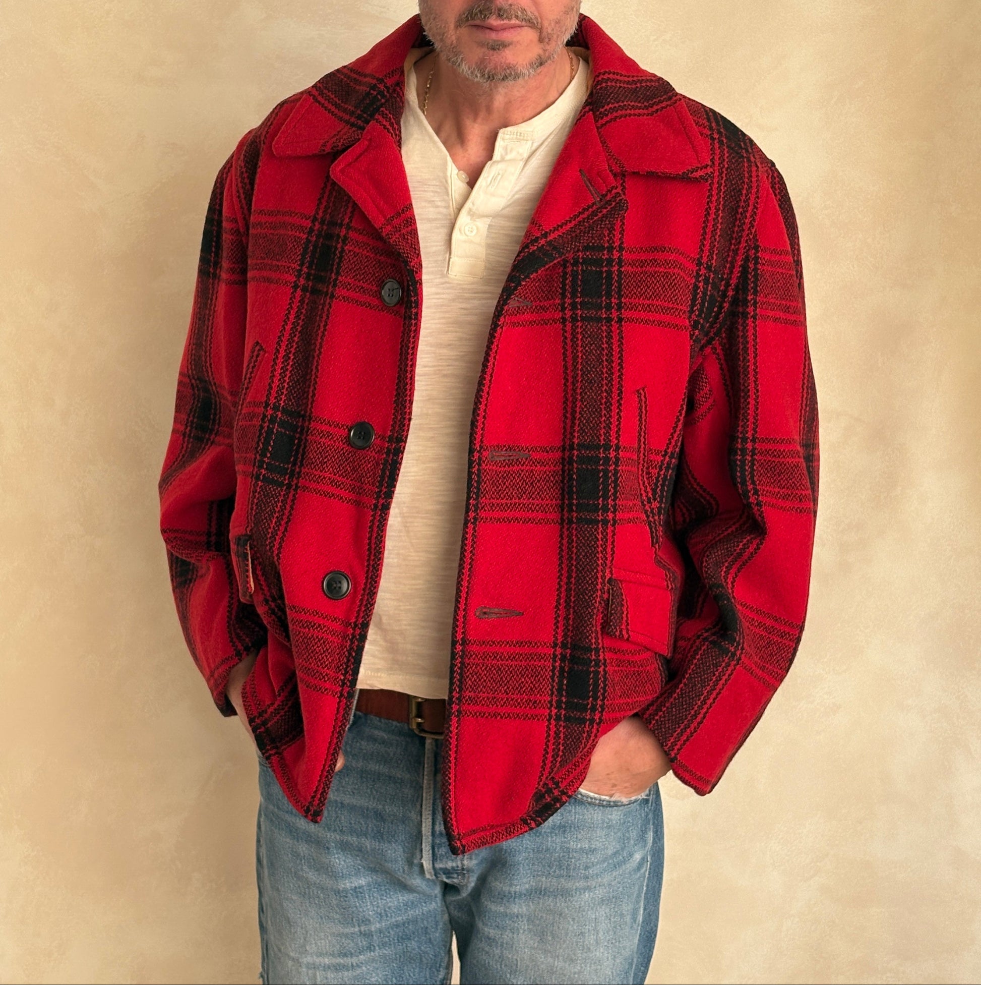 Vintage 1950 Plaid Wool hunting Jacket — Made in USA — Red Check Outdoor Coat -size XL | AJ357 Studio-AJ357 Studio