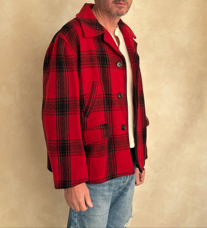 Vintage 1950 Plaid Wool hunting Jacket — Made in USA — Red Check Outdoor Coat -size XL | AJ357 Studio-AJ357 Studio