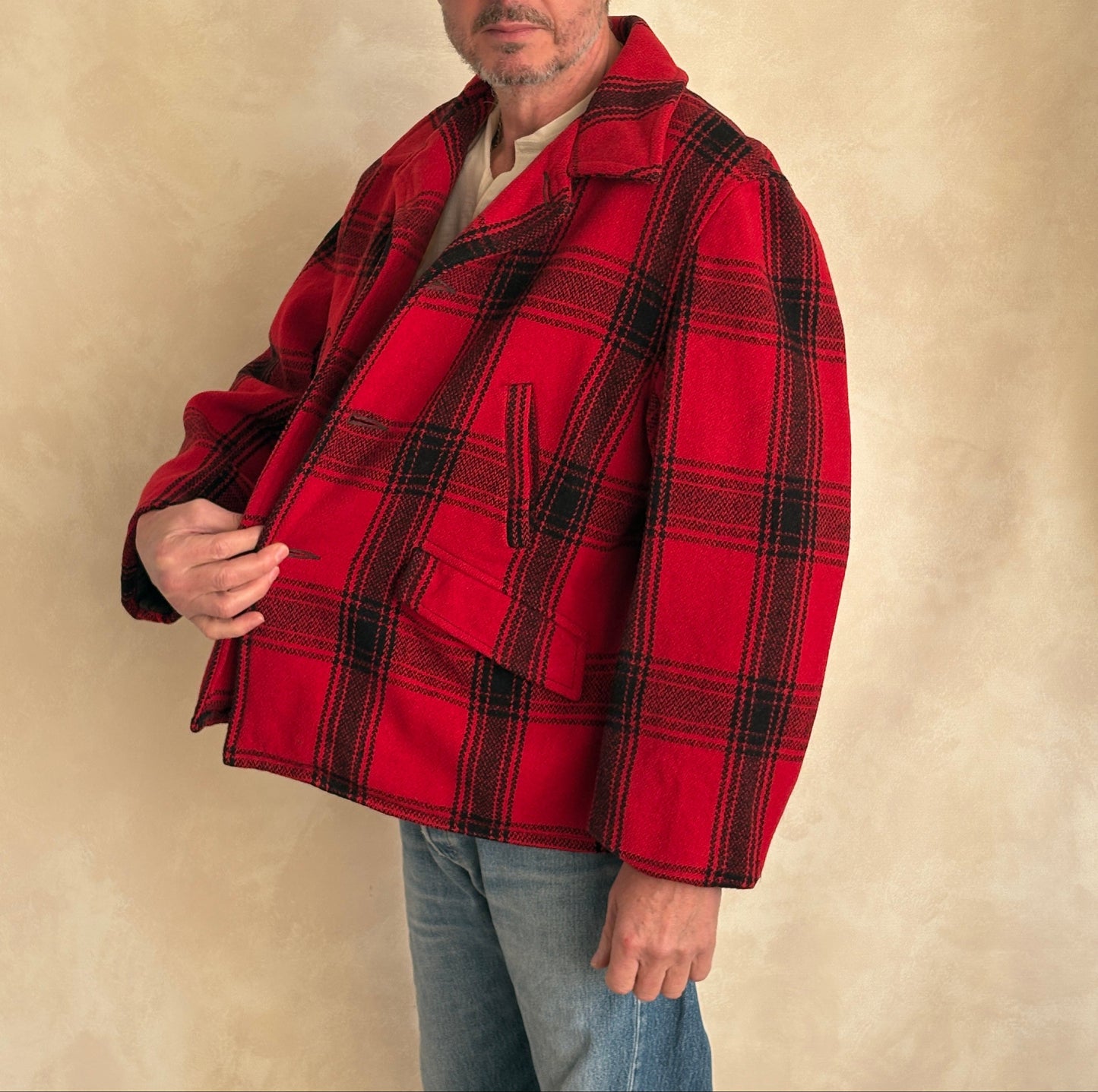 Vintage 1950 Plaid Wool hunting Jacket — Made in USA — Red Check Outdoor Coat -size XL | AJ357 Studio-AJ357 Studio