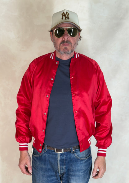 Size Small. Vintage 80s Red Satin Jacket Made In USA-AJ357 Studio