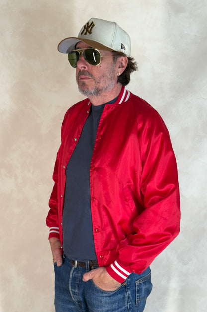 Size Small. Vintage 80s Red Satin Jacket Made In USA-AJ357 Studio