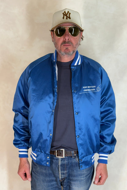 Size Large. Vintage 90s Blue Satin Jacket Made In USA-AJ357 Studio