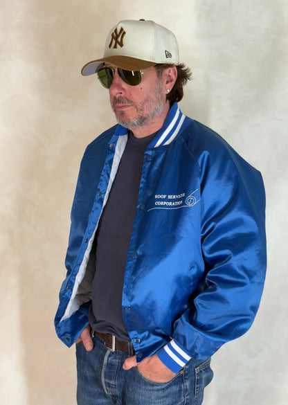 Size Large. Vintage 90s Blue Satin Jacket Made In USA-AJ357 Studio